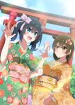  2girls absurdres alternate_costume black_hair blue_eyes blue_sky brown_hair clouds cowboy_shot day dutch_angle floral_print green_kimono hair_ribbon highres hiryuu_(kancolle) japanese_clothes kantai_collection kimono long_hair multiple_girls new_year obi omikuji one_side_up orange_kimono outdoors paper ribbon sash short_hair sky souryuu_(kancolle) torii yellow_eyes yuuhi_(yuyuhihi) 