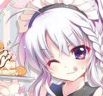  1girl 9-nine- :q ;) ahoge artist_self-insert blush braid cake close-up closed_mouth commentary_request drop_shadow eyes_visible_through_hair food food_on_face grey_hair hair_between_eyes izumi_tsubasu looking_at_viewer lowres maid_headdress niimi_sora official_art one_eye_closed sidelocks single_braid smile solo star_(symbol) star_in_eye symbol_in_eye tongue tongue_out violet_eyes 