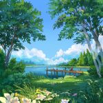  1girl blue_sky brown_hair clouds day denis_istomin fishing fishing_line fishing_rod flower holding holding_fishing_rod lake original outdoors pier red_shirt scenery shirt sky solo tree water 