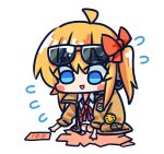  1girl ahoge badge banknote blue_eyes blush_stickers brown_jacket button_badge chibi chinese_commentary commentary_request eyewear_on_head flying_sweatdrops girls_frontline hair_between_eyes hair_ribbon highres jacket kalina_(girls&#039;_frontline) long_hair looking_down money neck_ribbon official_art open_mouth orange_hair red_ribbon ribbon seiza shirt side_ponytail simple_background sitting smile solo su_xiao_jei sunglasses white_background white_shirt 