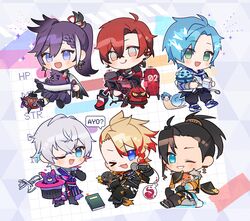  6+boys ahoge altventurer_(regis_altare) axel_syrios axelotl_(axel_syrios) axolotl banzoin_hakka bird black_gloves black_hair black_jacket black_pants blonde_hair blue_eyes blue_hair blush braid braided_bangs chibi creature earrings english_text facial_hair feather_hair_ornament feathers fish fur-trimmed_jacket fur_trim gavis_bettel gloves green_eyes grey_hair hair_between_eyes hair_ornament hakama hakkito_(banzoin_hakka) hat highres holding holding_clothes holding_creature holding_hat holding_microphone holding_scroll holostars holostars_english holotempus hood hoodie jacket japanese_clothes jewelry josuiji_shinri koi koipanion_(josuiji_shinri) kurogareki long_sleeves looking_at_viewer machina_x_flayon male_focus mask microphone milk_carton multicolored_eyes multicolored_hair multiple_boys one_eye_closed open_mouth orange_jacket pants phantom_(gavis_bettel) pink_hair ponytail purple_hair r-trus_(machina_x_flayon) red_jacket redhead regis_altare robot scroll short_hair side_braid slime_(creature) smile snail speech_bubble streaked_hair teeth top_hat virtual_youtuber 