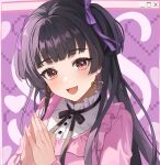  1girl :d black_hair black_ribbon blunt_bangs cherng dress_shirt earrings hair_ribbon heart heart_earrings highres idolmaster idolmaster_shiny_colors jewelry long_hair long_sleeves looking_at_viewer mayuzumi_fuyuko neck_ribbon orange_eyes portrait purple_ribbon ribbon shirt smile solo very_long_hair white_shirt 