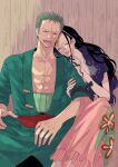  1boy 1girl abs bandana_around_arm black_hair closed_eyes commentary_request earrings eyewear_on_head green_hair highres jewelry long_hair mayo_may63 nico_robin one_piece open_mouth roronoa_zoro scar scar_across_eye scar_on_chest scar_on_face short_hair single_earring smile sunglasses 