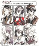  1girl 5boys absurdres adjusting_eyewear beanie bishounen black-framed_eyewear black_bow black_coat black_hair black_headwear black_jacket black_shirt black_sweater black_vest blonde_hair blue_eyes blue_necktie bow braid brown_coat brown_headwear brown_necktie bungou_stray_dogs cabbie_hat card character_name chinese_commentary closed_mouth coat coattails collared_jacket collared_shirt commentary_request cui_(jidanhaidaitang) earflap_beanie edogawa_ranpo_(bungou_stray_dogs) expressionless fangs finger_to_own_chin flower flower_brooch frilled_sleeves frills fur-trimmed_coat fur_trim fyodor_dostoyevsky_(bungou_stray_dogs) glasses gloves green_eyes grey_eyes grin hair_between_eyes hair_bow hair_flower hair_ornament hair_over_shoulder hairband hand_on_eyewear hand_on_own_chest hat high_collar highres izumi_kyouka_(bungou_stray_dogs) jacket japanese_clothes kimono layered_sleeves light_frown light_smile long_hair long_sleeves looking_at_viewer looking_to_the_side low_ponytail low_twintails multicolored_clothes multicolored_hair multicolored_jacket multiple_boys multiple_drawing_challenge necktie nikolai_gogol_(bungou_stray_dogs) one-eyed open_clothes open_coat open_jacket open_mouth paul_verlaine_(bungou_stray_dogs) playing_card purple_flower purple_gloves purple_hair purple_rose red_eyes red_kimono red_sleeves rose scar scar_across_eye shirt short_hair sigma_(bungou_stray_dogs) single_braid six_fanarts_challenge skin_fangs sleeves_past_wrists smile sweater top_hat turtleneck turtleneck_sweater twintails two-tone_hair two-tone_jacket upper_body v-neck vest violet_eyes white_background white_flower white_hair white_hairband white_headwear white_jacket white_shirt white_sleeves white_vest wide_sleeves 