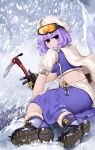  1girl black_gloves blue_footwear boots breasts closed_mouth commentary english_commentary gloves goggles goggles_on_head highres lapel_pin large_breasts letty_whiterock looking_at_viewer plump purple_hair short_eyebrows short_hair short_sleeves smile snow snowing solo statisticstater touhou violet_eyes white_headwear 
