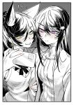  2girls animal_ear_fluff animal_ears blush bow bowtie cellphone closed_mouth extra_ears green_eyes greyscale highres holding holding_another&#039;s_arm holding_phone kakult2017 ksp_(vtuber) long_hair meridian_project monochrome multiple_girls parted_lips phone seki_(vtuber) selfie smartphone smile spot_color sweater turtleneck turtleneck_sweater violet_eyes virtual_youtuber 