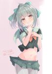  1girl absurdres black_shirt blunt_bangs finger_to_mouth gradient_background green_ribbon grey_background grey_hair grey_pantyhose grey_sailor_collar grey_skirt grin groin hair_ribbon highres hizaka kantai_collection long_hair midriff neckerchief one-hour_drawing_challenge orange_neckerchief pantyhose ponytail red_eyes ribbon sailor_collar sailor_shirt shirt skirt smile solo standing yuubari_(kancolle) 