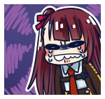  1girl black_jacket blush chibi chinese_commentary commentary_request crying girls_frontline gloom_(expression) hair_ribbon highres jacket long_hair necktie o_o official_art one_side_up purple_background purple_hair red_necktie red_ribbon ribbon shirt simple_background solo su_xiao_jei tears teeth upper_teeth_only very_long_hair wa2000_(girls&#039;_frontline) white_shirt 