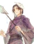  1boy bags_under_eyes black_hair black_sash braid chinese_clothes clenched_teeth cloak earrings english_commentary hanfu highres holding holding_polearm holding_weapon jewelry kkcoocool long_hair looking_at_viewer mask mask_on_head mole mole_under_eye open_mouth polearm purple_cloak purple_hanfu sash shovel simple_background solo sweat tassel tassel_earrings teeth tianguan_cifu violet_eyes weapon white_background white_mask yin_yu yueya_chan 