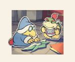  2boys bandana blue_headwear blue_robe border bowser_jr. bracelet claws clenched_hands closed_mouth commentary_request fang fang_out glasses hat horns indoors jewelry kamek kneeling long_sleeves multiple_boys opaque_glasses origami outside_border paper paper_hat paper_kabuto paper_mario paper_mario:_the_origami_king red_footwear redhead rfufvas3phbxkxa robe round_eyewear shoes smile solid_oval_eyes spiked_shell spikes standing super_mario_bros. turtle_shell v-shaped_eyebrows white_bandana white_border 