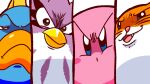  beak blush_stickers colored_skin coo_(kirby) fang fish frown highres kine_(kirby) kirby kirby&#039;s_dream_land_2 kirby_(series) looking_at_viewer no_humans pink_skin rick_(kirby) v-shaped_eyebrows yutakunatu 