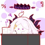  :&lt; ahoge blue_archive blush closed_mouth dated grey_hair halo highres hina_(blue_archive) holding holding_pen horns kurukurumagical long_hair outline paper_stack parted_bangs pen red_outline solo squiggle translation_request very_long_hair violet_eyes white_background 