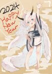  1girl 2024 ahoge arm_up barefoot blue_eyes blush chinese_zodiac commentary_request dragon_girl dragon_horns dragon_tail dragon_wings full_body happy_new_year highres horns japanese_clothes kimono long_hair looking_at_viewer mote_max obi open_mouth original sash short_kimono single_bare_shoulder slit_pupils solo tail white_fur white_hair white_kimono white_tail white_wings wings year_of_the_dragon 