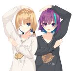 2girls :3 :d ;) absurdres aqua_hair arm_up black_shirt blonde_hair blue_eyes braid casual closed_mouth collarbone commentary crown_braid eyelashes eyes_visible_through_hair hair_between_eyes hand_up heart_arms_duo highres ibaraki_rino kaon_zz kido_tsubasa long_hair looking_at_viewer low_twintails multicolored_hair multiple_girls one_eye_closed open_mouth parquet_(yuzusoft) purple_hair shirt short_hair shrimp_print simple_background sleeves_past_wrists smile streaked_hair twintails upper_body violet_eyes white_background white_shirt 