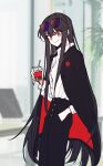  1girl alternate_costume black_hair cup drinking_straw eyewear_on_head family_crest fate/grand_order fate_(series) glasses hand_in_pocket highres holding holding_cup long_hair long_sleeves looking_at_viewer oda_nobunaga_(fate) oda_uri red_eyes sempon_(doppio_note) solo unbuttoned_jacket 