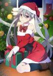  1girl black_socks boots box brown_footwear christmas christmas_tree closed_mouth detached_sleeves dress floating_hair fur-trimmed_headwear fur_trim gesugesu_ahoaho gift gift_box grey_eyes grey_hair hair_between_eyes hat indoors long_hair long_sleeves monogatari_(series) oikura_sodachi owarimonogatari red_dress red_headwear red_sleeves santa_costume santa_hat short_dress smile socks solo sparkle strapless strapless_dress twintails very_long_hair 