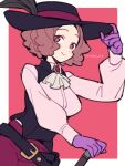  1girl adjusting_clothes adjusting_headwear artist_name ascot breasts brown_hair do_m_kaeru fluffy_hair gloves hat hat_feather looking_at_viewer medium_breasts okumura_haru persona persona_5 purple_gloves short_hair smile solo 