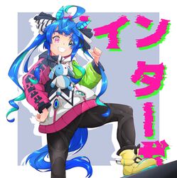  1girl absurdres ahoge animal_ears ankle_boots aqua_hair black_bodysuit black_ribbon blue_eyes blue_hair bodysuit boots character_name commentary crossed_bangs drawstring foot_up grin hair_ribbon hand_on_own_hip heterochromia highres hood hood_down hooded_coat horse_ears horse_girl horse_tail long_hair long_sleeves looking_at_viewer maezuru multicolored_hair pointing pointing_at_self ribbon sharp_teeth sidelocks silhouette smile solo standing star_(symbol) star_print stuffed_animal stuffed_rabbit stuffed_toy tail teeth text_background twin_turbo_(umamusume) twintails two-tone_hair umamusume violet_eyes yellow_footwear 