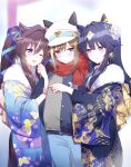  3girls alternate_costume animal_ears arm_hug black_hair black_jacket black_kimono blue_eyes blue_kimono blush breath brown_hair cheval_grand_(umamusume) cowboy_shot denim flower fur-trimmed_kimono fur_trim hair_flower hair_ornament hand_in_pocket hat horse_ears jacket japanese_clothes jeans kimono long_hair long_sleeves looking_at_another looking_at_viewer multiple_girls obi one_eye_closed open_mouth pants romi_(346_ura) sash scarf standing sweatdrop twintails umamusume verxina_(umamusume) violet_eyes vivlos_(umamusume) white_headwear yukata 