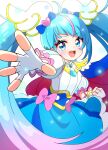  absurdres blue_eyes blue_hair blunt_bangs blush bow cape clenched_hand cure_sky diagonal_bangs dress fingerless_gloves gloves gradient_hair hair_bow highres hirogaru_sky!_precure long_hair looking_at_viewer magical_girl mmmera827 multicolored_hair open_mouth pink_hair precure reaching reaching_towards_viewer short_sleeves sora_harewataru streaked_hair twintails v-shaped_eyebrows very_long_hair wing_hair_ornament 