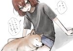  1girl absurdres blush brown_eyes chinosuke_(o_j_o_p) commentary_request dog highres idolmaster idolmaster_cinderella_girls looking_at_viewer murakami_tomoe on_lap open_mouth redhead shiba_inu shirt short_hair simple_background sketch sleeping sweatdrop t-shirt translation_request white_background 