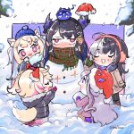  5girls alternate_costume animal_ears animal_on_head bird bird_on_head closed_eyes dog_ears dog_tail earmuffs fuwawa_abyssgard hat highres holoadvent hololive hololive_english index_finger_raised koseki_bijou long_hair mococo_abyssgard mole mole_under_eye multicolored_hair multiple_girls nerissa_ravencroft on_head pink_eyes plaid plaid_scarf red_eyes santa_hat scarf shibedraws shiori_novella snow snowing snowman split-color_hair tail twitter_username violet_eyes virtual_youtuber winter_clothes 