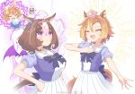  3girls :&lt; @_@ ahoge animal_ears blush breasts brown_hair closed_eyes closed_mouth crown crystal_ball detached_wings hairband hand_on_own_chest hands_on_own_hips hihiqhi horse_ears horse_girl horse_tail large_breasts matikane_tannhauser_(umamusume) medium_hair meisho_doto_(umamusume) mini_crown multiple_girls orange_hair outstretched_arm purple_shirt sailor_collar school_uniform shirt short_hair short_sleeves small_breasts smile sparkle t.m._opera_o_(umamusume) tail tanuki tracen_school_uniform twitter_username umamusume upper_body violet_eyes watermark wings 