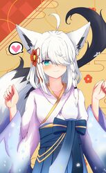  1girl absurdres ahoge animal_ear_fluff animal_ears black_kimono blush braid commentary_request earrings fox_ears fox_girl fox_tail green_eyes hair_between_eyes hair_over_one_eye heart highres hololive japanese_clothes jewelry kimono long_hair looking_at_viewer obi official_alternate_costume pentagram sash shirakami_fubuki shirakami_fubuki_(new_year) sidelocks single_braid smile solo sorazumiumi spoken_heart swept_bangs tail virtual_youtuber white_hair white_kimono 