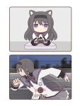  1girl akemi_homura animal_ears black_hair blush cat_ears cat_girl cat_tail chibi controller game_controller highres long_hair looking_at_viewer magical_girl mahou_shoujo_madoka_magica mahou_shoujo_madoka_magica_(anime) playing_games running sitting soul_gem tail violet_eyes yuno385 