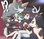  !? 1boy 5girls :d animal_ear_fluff animal_ears antlers barefoot bird black_background black_coat black_footwear black_gloves black_hair black_pants black_shirt black_skirt blue_background brown_eyes brown_footwear butsumetsu_(irodori) clenched_hand clenched_hands coat commentary_request couch creator_connection crossed_arms death_metal_sayaka death_metal_sayaka_to_butsumetsu gaijin_4koma_(meme) gloves green_eyes green_hair grey_eyes grey_thighhighs hair_between_eyes hair_over_one_eye hat hat_feather helmet hentatsu horns irodori_(irodoriginal) kaban_(kemono_friends) keifuku-san keifuku_(tatsuki) kemono_friends kemurikusa light_blush long_hair looking_to_the_side meme moose_(kemono_friends) multicolored_background multiple_girls oni_(hentatsu) oni_horns open_mouth pants peaked_cap penguin pith_helmet pointing real_life red_background red_gloves red_horns red_pupils red_shirt shirt shoes short_hair single_glove sitting skirt smile tamagoya tatsuki_(person) thigh-highs white_headwear 