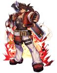  1boy absurdres belt black_shirt brown_hair explosion fingerless_gloves gloves guilty_gear guilty_gear_strive hankuri headband highres jacket looking_at_viewer male_focus muscular muscular_male ponytail red_jacket shirt simple_background sol_badguy solo spiky_hair standing thumbs_down white_background 