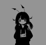  1girl @_@ closed_mouth clothes_writing expressionless grey_background greyscale hood hood_down hoodie jean_bomjan looking_at_viewer medium_hair monochrome original short_twintails simple_background solo straight-on twintails upper_body 