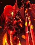  1girl absurdres black_bodysuit bodysuit cape chain collared_cape family_crest fate/grand_order fate_(series) hair_over_one_eye highres holding holding_sword holding_weapon katana looking_at_viewer medallion oda_nobunaga_(fate) oda_nobunaga_(maou_avenger)_(fate) oda_uri popped_collar red_cape red_eyes redhead scdz2344 solo sword tight_top weapon 