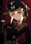  1girl absurdres adjusting_clothes adjusting_headwear belt blonde_hair brown_gloves cross epaulettes fang gloves hat headphones highres iron_cross jiseki_rena looking_at_viewer military_uniform nazi necktie open_mouth original peaked_cap red_eyes reichsadler rena_(jiseki_rena) short_hair skin_fang solo throat_microphone totenkopf tsurime uniform white_background 