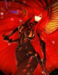  1girl black_bodysuit bodysuit c_c cape chain collared_cape cowboy_shot family_crest fate/grand_order fate_(series) hair_over_one_eye highres holding holding_sword holding_weapon medallion oda_nobunaga_(fate) oda_nobunaga_(maou_avenger)_(fate) oda_uri over_shoulder popped_collar red_cape red_eyes red_theme redhead solo standing sword sword_over_shoulder tight_top weapon weapon_over_shoulder 