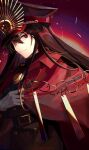  1girl belt black_hair cape chain chisato_(surastike) family_crest fate/grand_order fate_(series) gloves hair_between_eyes hat highres light_smile looking_at_viewer military_hat oda_nobunaga_(fate) oda_uri peaked_cap red_background red_cape red_eyes solo upper_body white_gloves 