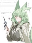  1girl :3 animal_ears arknights black_ribbon cat_ears cat_girl cat_tail cropped_torso ear_wiggle eighth_note extra_ears green_eyes green_hair grey_sweater_vest hand_up harmonie_(arknights) highres holding holding_wand hood hood_down hooded_jacket jacket layered_sleeves long_sleeves looking_at_viewer musical_note na_tarapisu153 neck_ribbon open_clothes open_jacket ribbon shirt simple_background solo spoken_musical_note sweater_vest tail translation_request upper_body wand white_background white_jacket white_shirt 