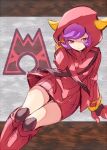  1girl black_gloves courtney_(pokemon) cowlick dress fake_horns gloves hood hooded_vest hoodie horned_headwear horned_hood horns kneehighs long_sleeves orange_mikan pokemon pokemon_oras purple_hair red_dress red_gloves red_hood ribbed_dress short_dress short_hair socks swept_bangs team_magma team_magma_uniform turtleneck_dress two-tone_gloves vest violet_eyes 