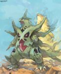  2014 artist_name claws dated evolution fangs green_tail legs_apart level-00 mega_evolution mega_tyranitar no_humans open_mouth pokemon pokemon_(creature) red_eyes standing tyranitar 