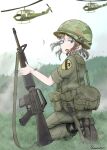 1girl 1st_cavalry_division aircraft ar-15 artist_name black_footwear boots brown_hair camouflage camouflage_headwear canteen combat_helmet full_body grass green_eyes green_jacket gun gun_sling helicopter helmet highres holding holding_weapon jacket kneeling knife knife_sheath load_bearing_vest long_hair looking_at_viewer military military_uniform open_mouth original outdoors pants_tucked_in pouch rifle savankov sheath sleeves_rolled_up solo uh-1_iroquois uniform united_states_army violet_eyes weapon 