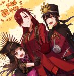  1boy 2girls belt black_hair brown_eyes brown_hair chacha_(fate) family_crest fate/grand_order fate_(series) formal gloves grin hair_over_one_eye hat highres long_sleeves looking_at_another looking_at_viewer low_ponytail multiple_girls oda_nobukatsu_(fate) oda_nobunaga_(fate) oda_nobunaga_(maou_avenger)_(fate) oda_uri open_hand open_mouth otoko_no_ko pointing pointing_up red_eyes red_gloves redhead shako_cap sidelocks smile teeth upper_body upper_teeth_only white_gloves yzrh0 