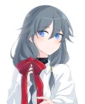  1girl black_undershirt blue_eyes blue_hair closed_mouth fu_hua grey_hair hair_between_eyes highres honkai_(series) honkai_impact_3rd long_hair long_sleeves low-tied_long_hair low_ponytail ponytail red_ribbon ribbon shirt simple_background solo undershirt upper_body white_background white_shirt yuhuria_52 