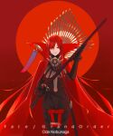  1girl absurdres black_bodysuit bodysuit cape chain collared_cape family_crest fate/grand_order fate_(series) full_moon hair_over_one_eye highres holding holding_sword holding_weapon medallion moon nmercy oda_nobunaga_(fate) oda_nobunaga_(maou_avenger)_(fate) oda_uri popped_collar red_background red_cape red_eyes redhead solo sword tight_top upper_body weapon 