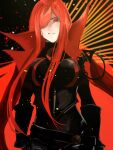  1girl black_background black_bodysuit bodysuit cape chain collared_cape family_crest fate/grand_order fate_(series) hair_over_one_eye medallion oda_nobunaga_(fate) oda_nobunaga_(maou_avenger)_(fate) oda_uri parted_lips popped_collar red_cape red_eyes redhead sasakipantu solo tight_top upper_body 