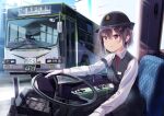  1girl ascot black_hair black_headwear black_pants black_vest blush bus closed_mouth commentary_request driving gloves headlight highres license_plate long_sleeves looking_at_viewer motor_vehicle multiple_views original pants png_pant_(bus) red_ascot second-party_source shirt short_hair sitting smile steering_wheel translation_request vest violet_eyes white_gloves white_shirt 