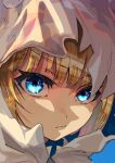  1girl blonde_hair blue_eyes brown_dust_2 cloak close-up closed_mouth cymk eyebrows_hidden_by_hair hair_between_eyes head_tilt hood hood_up hooded_cloak justia_(brown_dust) looking_at_viewer partially_shaded_face short_hair solo upper_body white_cloak 