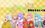  +++ 2others 6+girls :o ^_^ ahoge alternate_costume animal_costume antenna_hair arm_up arrow_(projectile) asa_no_ha_(pattern) blonde_hair blue_hair blunt_bangs blush braid candy_apple cevio checkered_background chinese_zodiac closed_eyes clothes_grab colored_tips dragon dragon_costume dragon_riding eastern_dragon eating egasumi floral_print flying_sweatdrops food from_side fumitsuki_kyou furisode grey_hair hamaya holding holding_arrow holding_food horns japanese_clothes kimono kizuna_akari kotonoha_akane kotonoha_aoi long_hair low_twin_braids meika_hime meika_mikoto multicolored_hair multiple_girls multiple_others nervous new_year obi obijime omikuji one_(cevio) orange_hair out_of_frame pink_hair pointing print_kimono purple_hair raised_eyebrow red_eyes sakuramon sash short_hair_with_long_locks sidelocks sleeve_grab smile sweatdrop touhoku_kiritan translucent tsurumaki_maki twin_braids upper_body violet_eyes vocaloid voiceroid waving white_hair year_of_the_dragon yellow_background yuzuki_yukari 