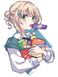  1girl blonde_hair blue_bow blue_necktie blue_sweater_vest blush bow character_name collared_shirt commentary cropped_torso dress_shirt food food_in_mouth green_eyes hair_bow hair_bun holding holding_food holding_snack kaburaki_roco kashikaze long_sleeves looking_at_viewer necktie nijisanji purple_bow school_uniform shirt short_hair_with_long_locks sidelocks simple_background snack solo sweater_vest transparent_background upper_body virtual_youtuber white_shirt 