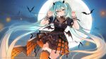 1girl asymmetrical_legwear bat_(animal) bat_wings black_dress black_horns black_wings blonde_hair blue_eyes blue_hair claw_pose crinoline dress full_moon gradient_hair hatsune_miku highres horns long_hair moon multicolored_hair official_art open_mouth orange_thighhighs piapro project_sekai puffy_short_sleeves puffy_sleeves short_sleeves smile solo thigh-highs twintails very_long_hair vocaloid wings wrist_cuffs yenkoes