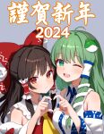  2024 2girls ;d absurdres bow commentary_request detached_sleeves fanteam frilled_bow frilled_hair_tubes frills frog_hair_ornament green_eyes grey_background hair_bow hair_ornament hair_tubes hakurei_reimu heart heart_hands heart_hands_duo highres kochiya_sanae looking_at_viewer multiple_girls new_year one_eye_closed open_mouth red_bow red_eyes revision simple_background smile snake_hair_ornament touhou upper_body white_sleeves 